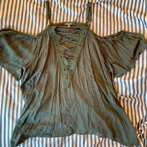Charlotte Russe Green/Gray Lace Cold Shoulder Top